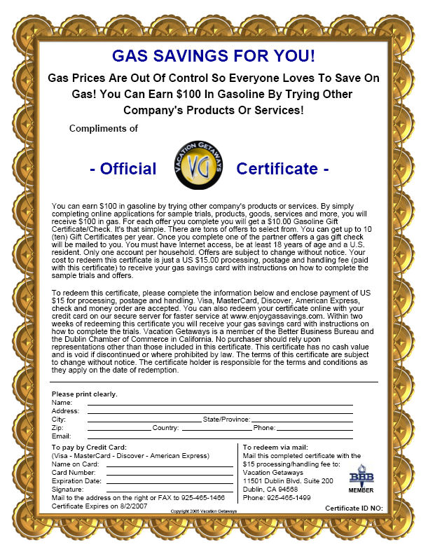 100 Gas Savings Certificate